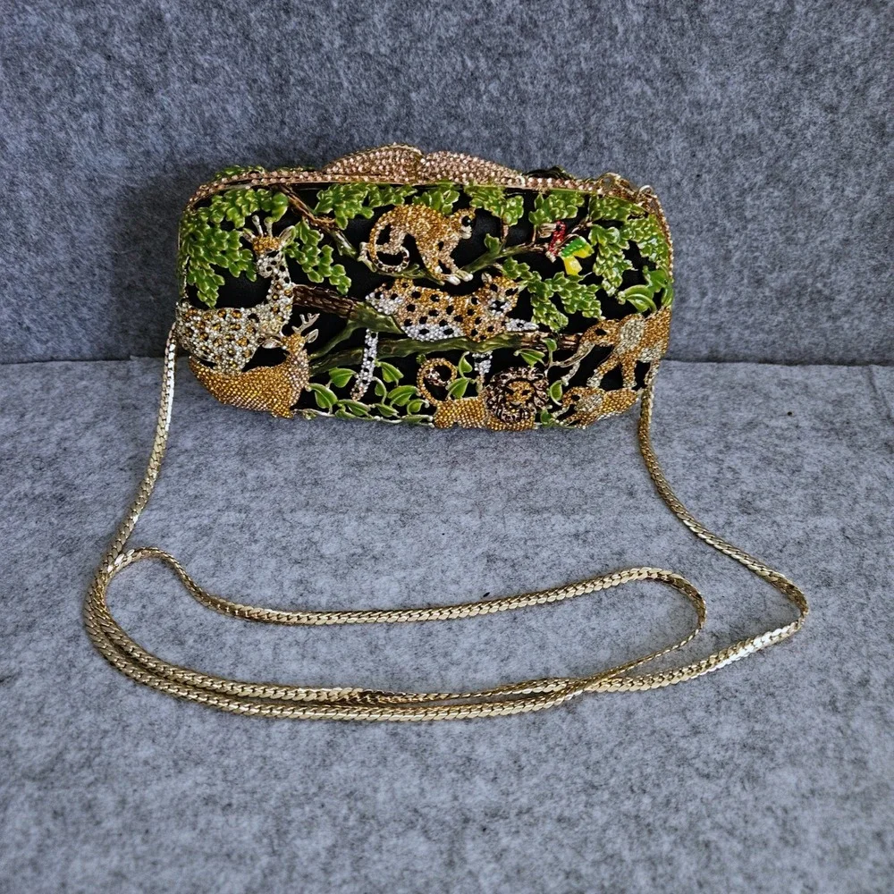 LUX MOB Crystal Enamel Jungle Safari Animal Evening Clutch Bag Lion Leopard Box
